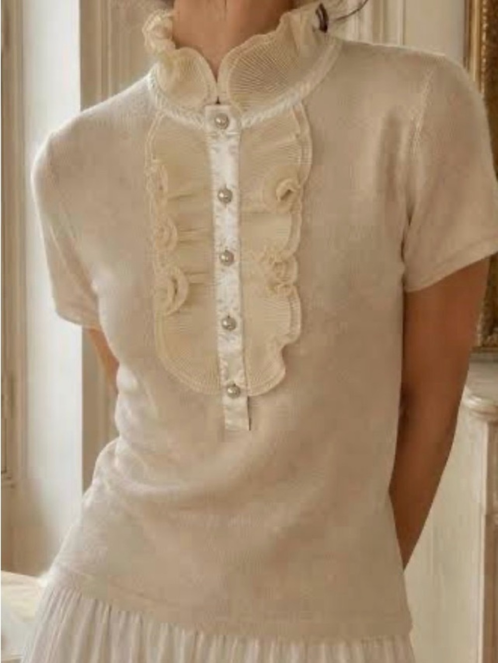 Adrienne Vittadini Vintage Ruffle Mock Neck Knit Blouse Top Size M
